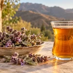 تصویرسازی فنجان دمنوش چای کوهی کنار سرشاخههای خشک
