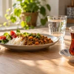 لیوان چای در کنار وعده عدس و برنج و یک لیوان آب