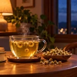 فنجان دمنوش بابونه کنار گل‌های خشک و کتاب در نور چراغ شب