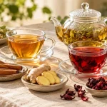فنجان‌های دمنوش کنار زنجبیل، دارچین و چای ترش