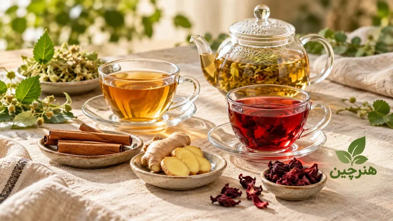 فنجان‌های دمنوش کنار زنجبیل، دارچین و چای ترش