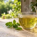 فنجان دمنوش نعناع کنار برگ تازه و قوری شیشه‌ای