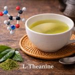 فنجان چای شماتیک فرمول شیمیایی ال تیانین برگ چای و پودر ماچا