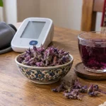 فشارسنج دیجیتال در کنار گل گاوزبان ایرانی و یک فنجان دمنوش