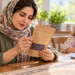 مادر در حال بررسی بسته گل خشک در خانه، کنار کودک مشغول نقاشی