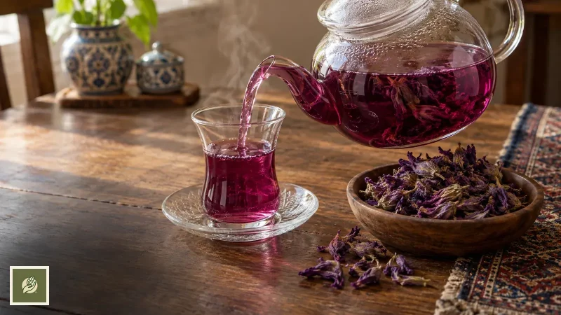 ریختن دمنوش گل‌گاوزبان از قوری شیشه‌ای در فنجان