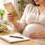 زن باردار در حال بررسی بسته گل خشک بابونه