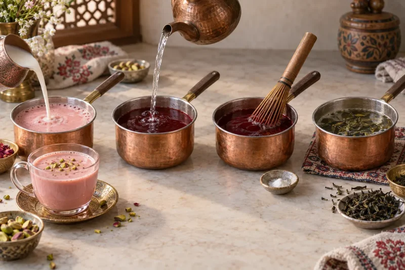 مراحل تغییر رنگ چای کشمیری از عصاره تیره تا چای صورتی