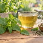 فنجان دمنوش فرنجمشک در کنار برگ تازه و خشک گیاه