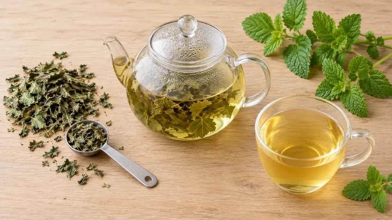 برگ خشک فرنجمشک، قوری در حال دم‌کشیدن و فنجان دمنوش