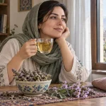 زنی در حال نوشیدن فنجان دمنوش چای کوهی کنار گل‌های خشک چای کوهی