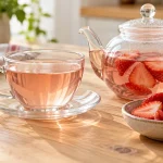 فنجان دمنوش کم‌رنگ توت فرنگی کنار قوری شیشه‌ای و ورقه‌های میوه
