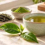 تصویرسازی فنجان چای سبز کنار برگ چای، چای خشک و پودر ماچا