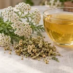 فنجان دمنوش بومادران در کنار گل‌های سفید و گیاه خشک