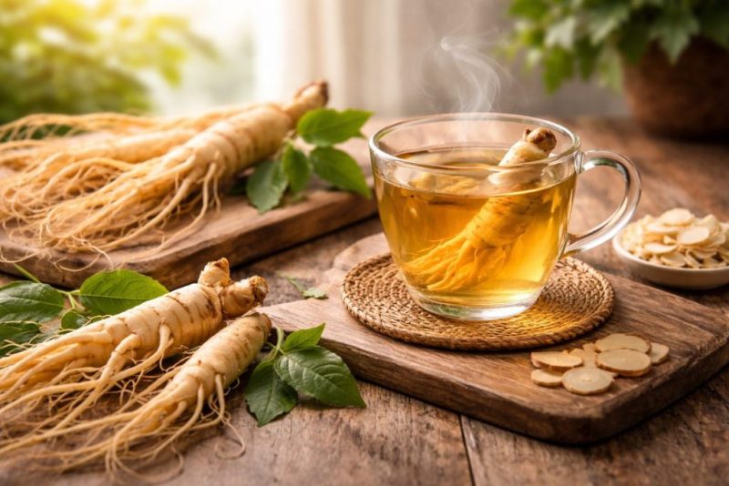 لیوان دمنوش جینسینگ روی میز کنار ریشه کامل گیاه