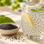 لیوان شربت تخم شربتی خیس‌خورده با لیمو کنار دانه خشک و برگ ریحان