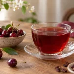 فنجان چای آلبالو در کنار آلبالوی تازه و خشک