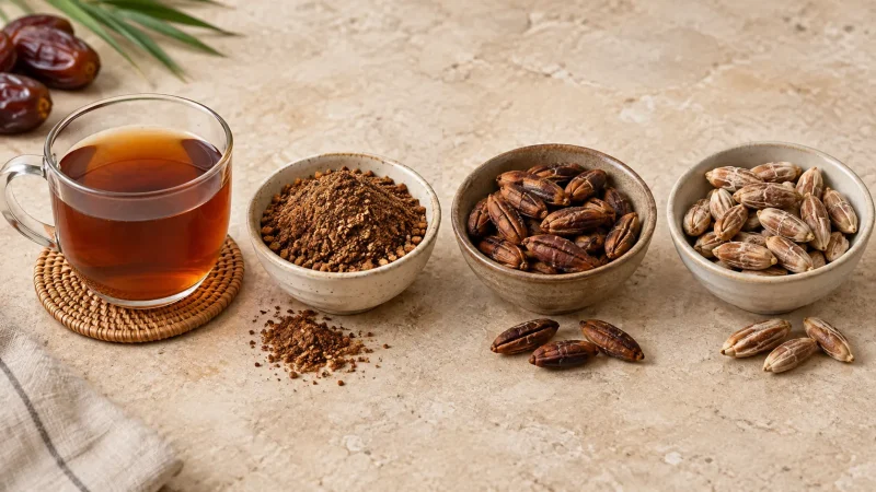 مراحل تهیه چای هسته خرما از هسته شسته تا پودر برشته و نوشیدنی آماده