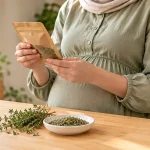 زن باردار در حال بررسی بسته گیاهی کنار شاخه‌های آویشن