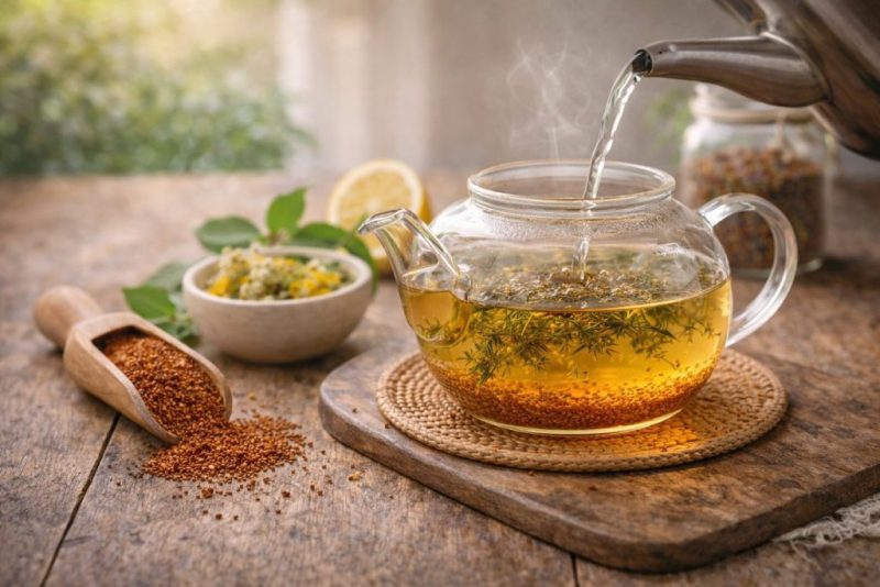 دمنوش گیاهی در قوری شیشه ای در حال اضاف کردن آب