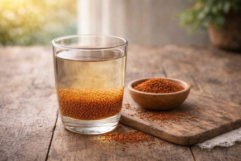 یک لیوان شربت خاکشیر در کنار پیاله ای از دانه های آن