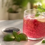 شربت انار و لیمو با تخم شربتی خیس‌خورده، دانه‌های ریحان و برگ تازه