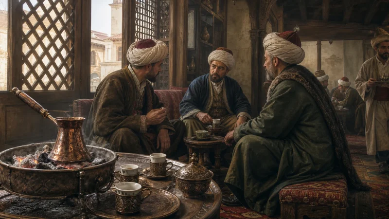 قهوه‌خانه عثمانی با جذوه مسی و فنجان‌های سنتی قهوه ترک