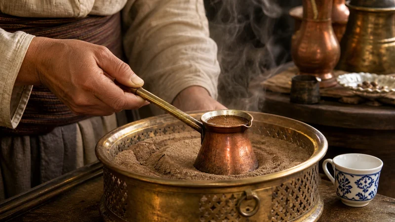 آماده‌سازی سنتی قهوه ترک با جذوه روی شن داغ
