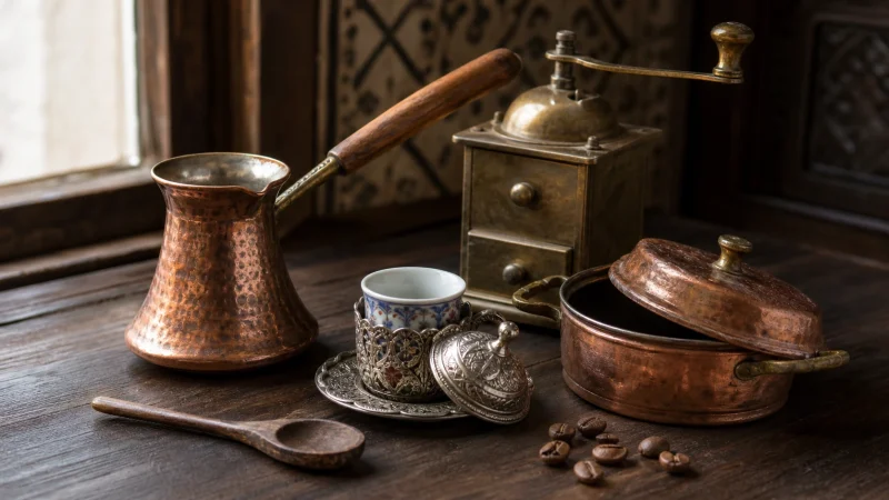 ابزارهای سنتی قهوه ترک شامل جذوه مسی، آسیاب دستی، فنجان و زرف