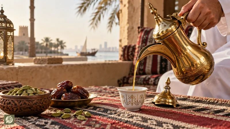 ریختن قهوه عربی از دله کنار هل سبز و خرما