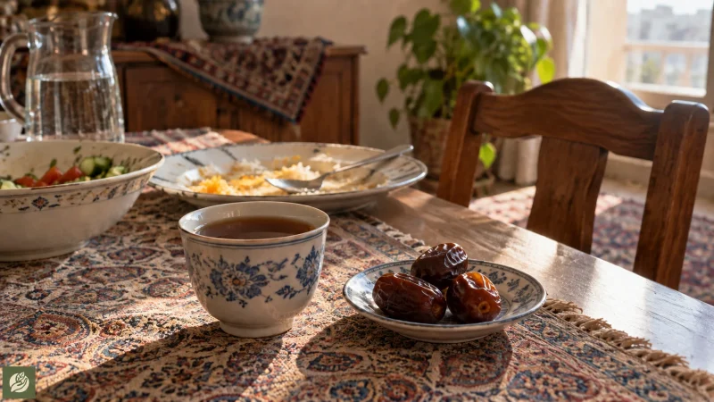 فنجان کوچک چای هسته خرما پس از غذا روی میز خانه