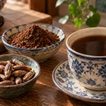 فنجان چای هسته خرما کنار هستههای برشته و پودر آسیابشده