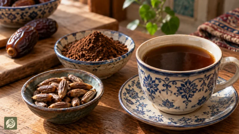 فنجان چای هسته خرما کنار هستههای برشته و پودر آسیابشده