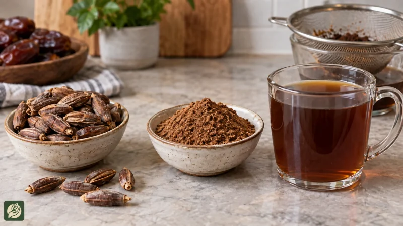 چای هسته خرما کنار هستههای برشته و پودر آمادهٔ دمکردن