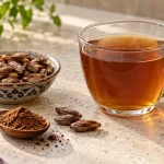 چای هسته خرما ضدالتهاب کنار هسته‌های برشته و پودر هسته خرما