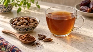 چای هسته خرما ضدالتهاب کنار هسته‌های برشته و پودر هسته خرما