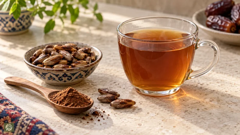 چای هسته خرما ضدالتهاب کنار هسته‌های برشته و پودر هسته خرما