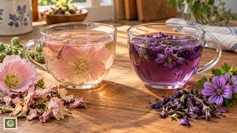 مقایسه دمنوش گل ختمی و دمنوش پنیرک در دو فنجان