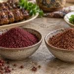 سماق قرمز و قهوه‌ای در دو کاسه کنار کباب و سالاد