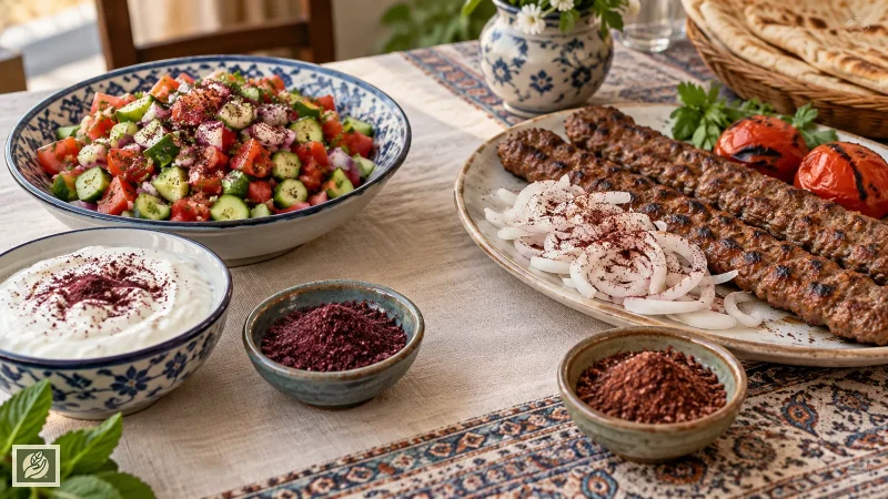 کاربرد سماق قرمز روی سالاد و سماق قهوه‌ای کنار کباب