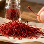 نمای نزدیک رشته زعفران و سر باز کلاله هنگام بررسی کیفیت خرید