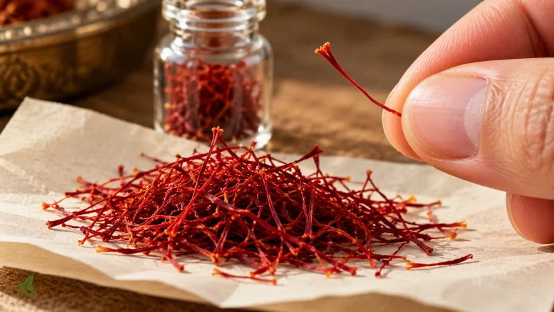 نمای نزدیک رشته زعفران و سر باز کلاله هنگام بررسی کیفیت خرید
