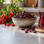 میوه تازه و زرشک خشک تیره کنار یک لیوان نوشیدنی زرشک
