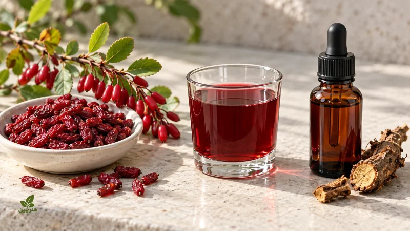 میوه تازه و خشک زرشک در کنار آب زرشک و بطری عصاره با ریشه گیاه