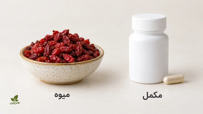 میوهٔ زرشک در سمت چپ و بطری مکمل در سمت راست