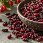 میوهٔ تازه و زرشک خشک تیره در کاسهٔ سفالی