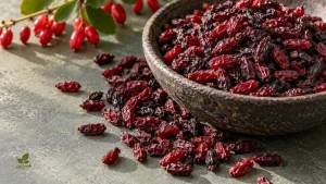 میوهٔ تازه و زرشک خشک تیره در کاسهٔ سفالی