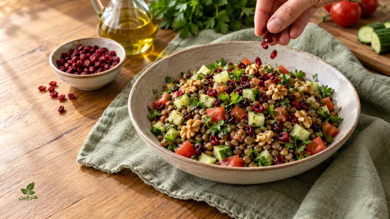 افزودن زرشک به سالاد عدس با خیار، گوجه و گردو