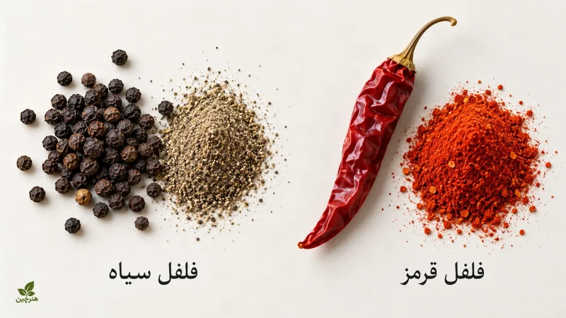 مقایسه دانه و پودر فلفل سیاه با فلفل قرمز خشک و پودر آن
