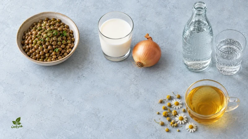 عدس پخته، شیر، پیاز و آب گازدار در کنار دمنوش بابونه برای بررسی محرک‌های نفخ